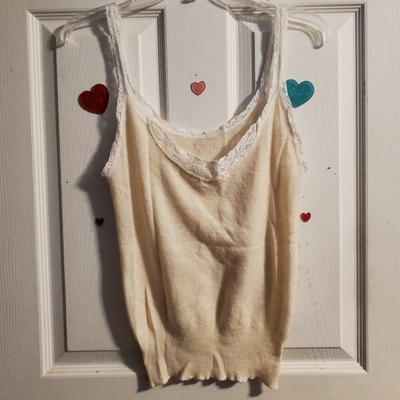 5 for $20 Y2K Style Pastel Yellow Floral Knit Tank Top with Ribbed and Lace Trim - Picture 2 of 16